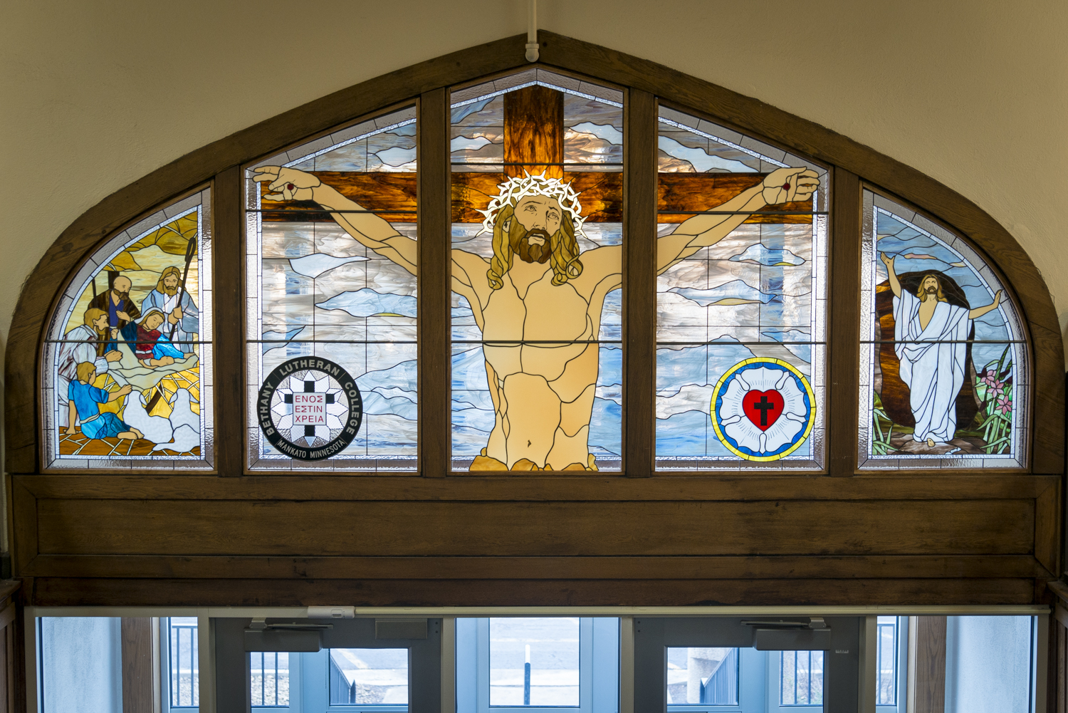 “The Way of the Cross” stained glass in Old Main.