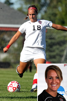 Women's soccer player kicks the ball; her headshot is in lower right corner