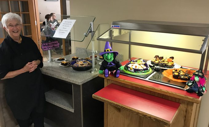 Judy Hed with cafeteria Halloween treets.