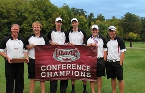 Coach Daniel Mundahl and the Bethany Men's Golf Team are UMAC Conference Champions.