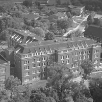 Aerial campus view from over the valley facing Old Main