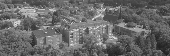 Aerial campus view from over the valley facing Old Main