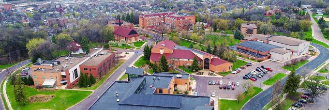 Aerial photo of campus from above Honsey Hall looking toward Old Main