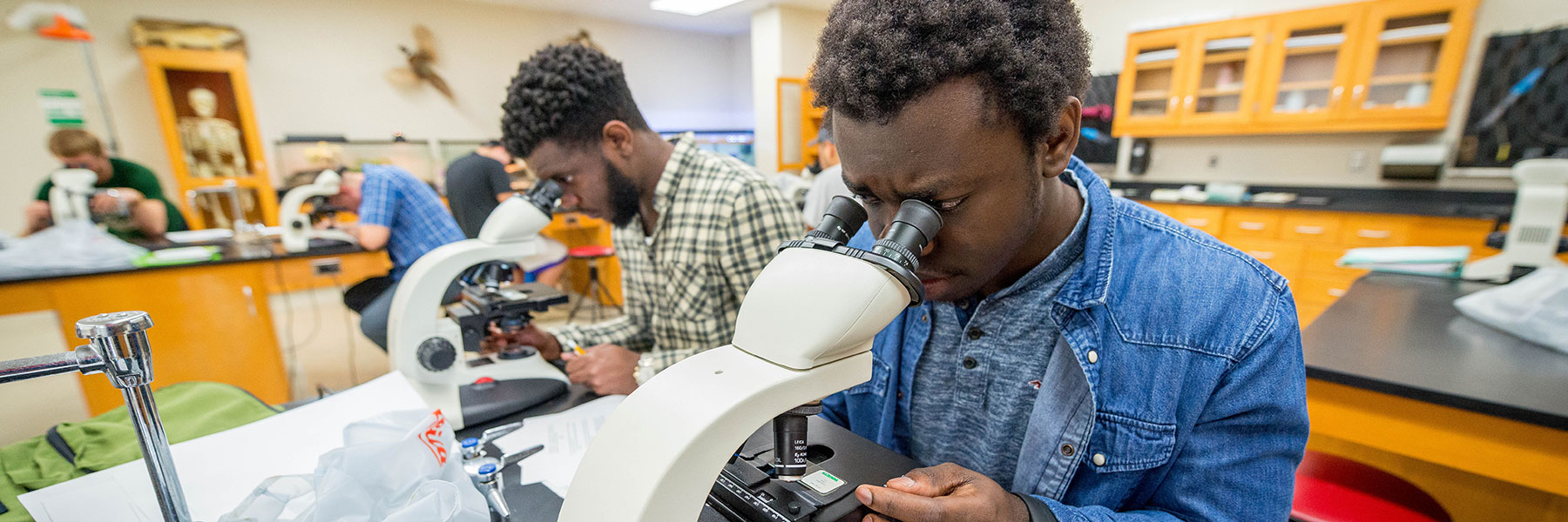 students look at particles with a microscope in the lab