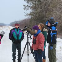 Avian Ecology students using scope to watch birds