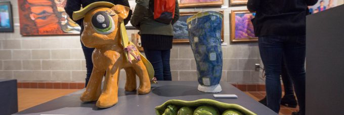 Ceramic sculptures on display in the Ylvisaker Fine Arts Center Gallery during a student art show