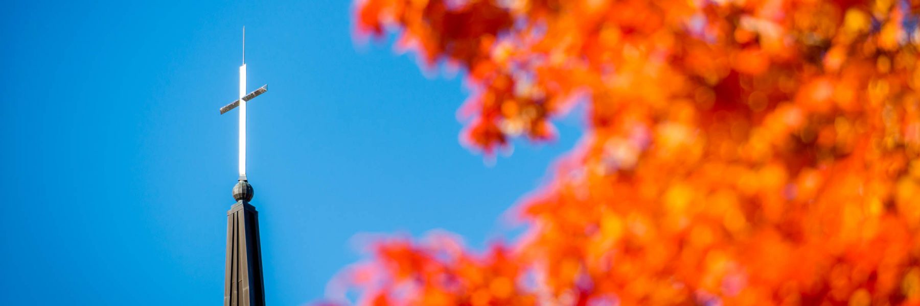 Trinity Chapel steeple with fall leaves