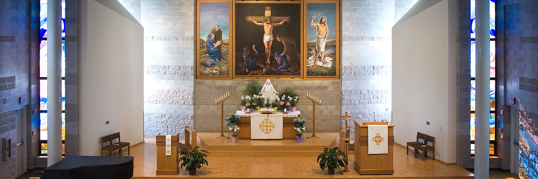 View of front of Trinity Chapel decorated for Easter