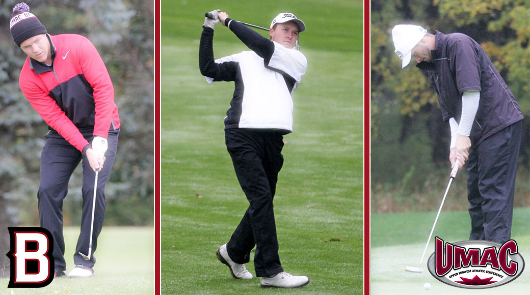 Three individual men's golfers in various stages of hitting the ball