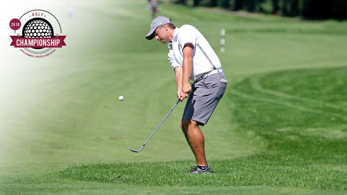 Men's golfer chips a shot onto the fairway; 2018 Golf Championship logo in upper left corner