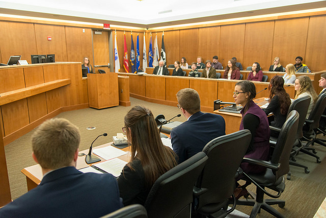 Courtroom full of participants in a Mock Trial event