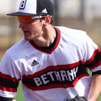 A close-up photo of a Bethany Vikings baseball player on the field.