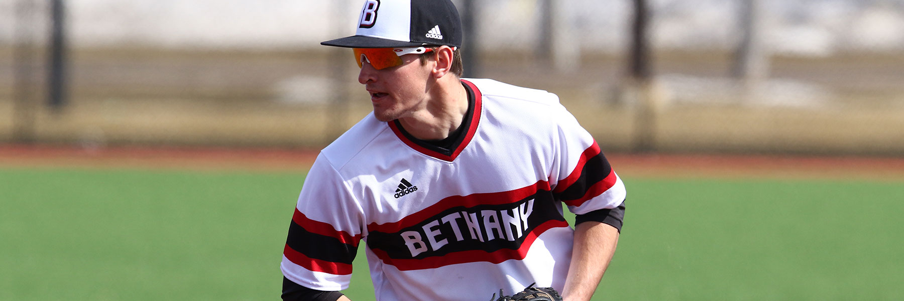 A close-up photo of a Bethany Vikings baseball player on the field.