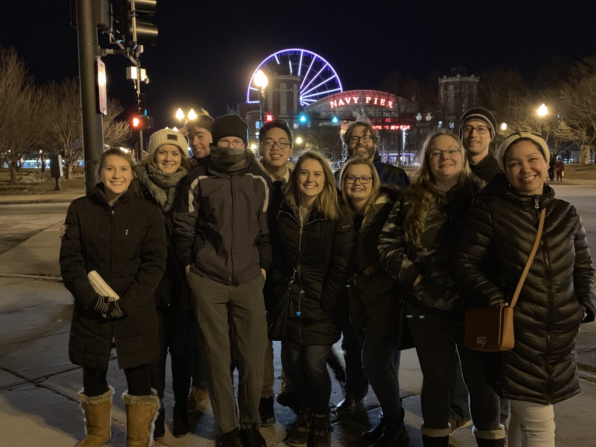 Bethany's Mock Trial team pose for an evening photo downtown Chicago