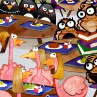 Illustrated Artwork of a cafeteria for animals - flamingos, owels, cockatoos, and penguins - each group at own table