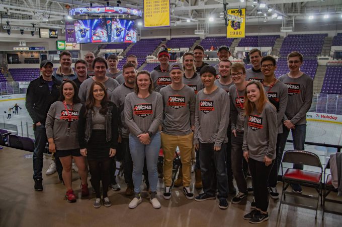 Bethany Studios student production team pose for group photo at MSU Hockey arena