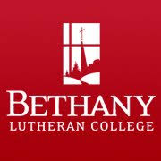 Bethany Lutheran College text and logo on red background