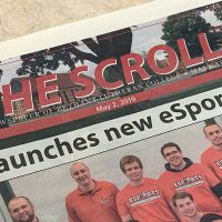 The Scroll student newspaper, May 2019 front page with headline, "Bethany launches new esports program."