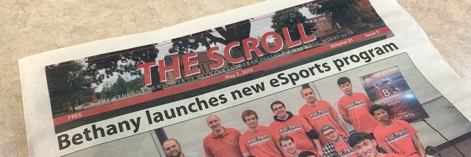 The Scroll student newspaper, May 2019 front page with headline, "Bethany launches new esports program."