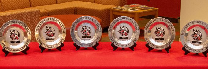 athletic hall of fame awards set on a table