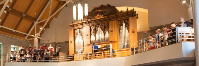 Organ and balcony in Trinity Chapel during a service