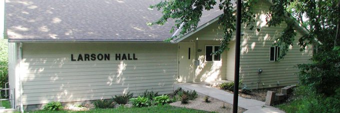 Larson hall building entrance - white building labeled "Larson Hall"