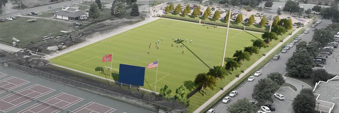 artist rendering of new artificial turf soccer field over aerial photo of campus