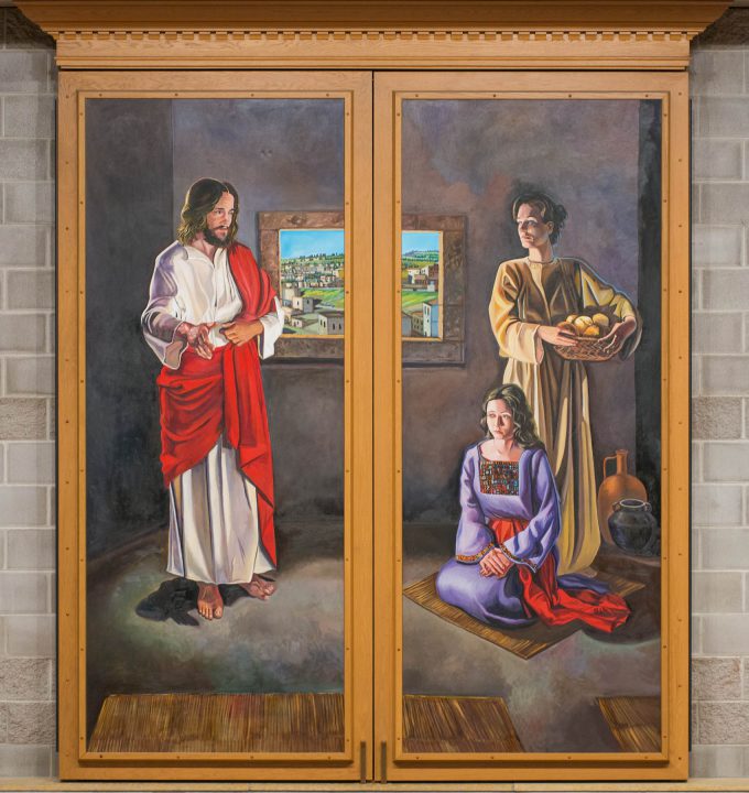 Altar triptych painting closed - depicting Jesus visiting Mary and Martha's home