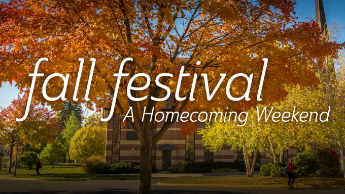 Colors leaves on trees outside with text, Fall Festival a homecoming weekend over it