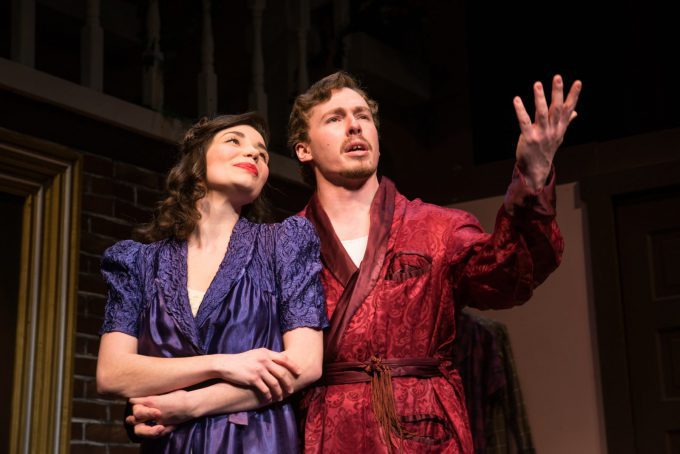 female and male actors on stage in nightgown and bathrobe