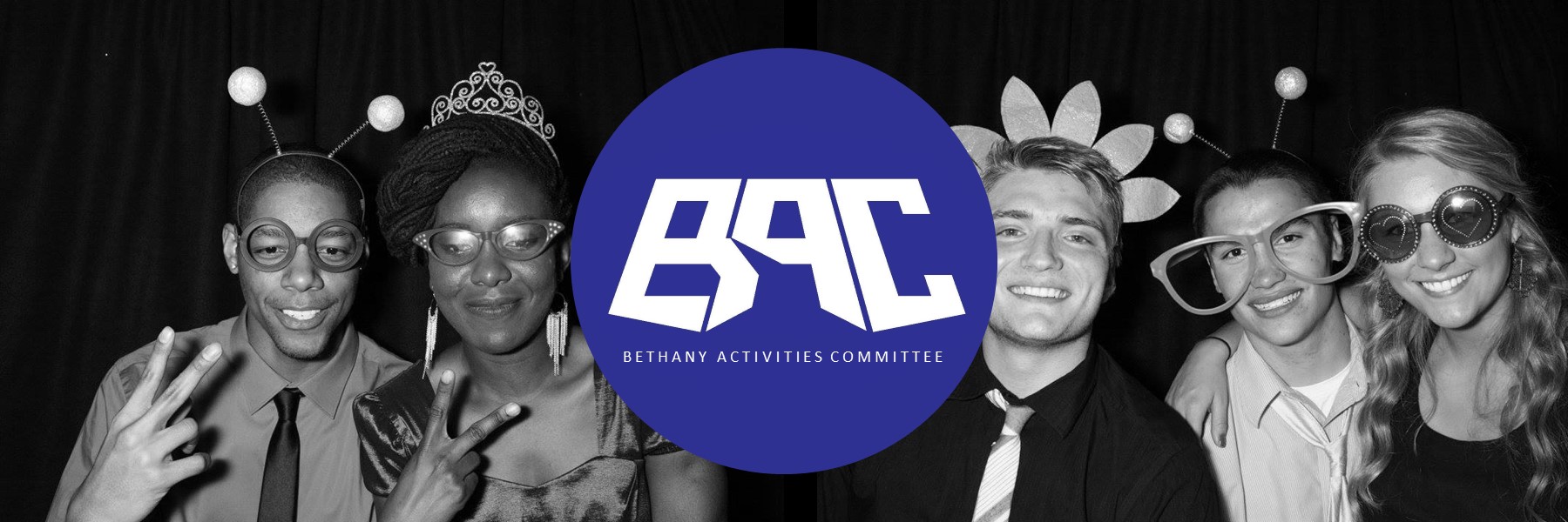 BAC logo over photo of 5 students wearing funny glasses and headbands