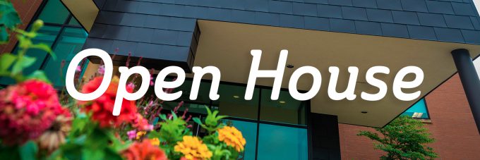 close up of the exterior of Honsey Hall with the text "open house" on top