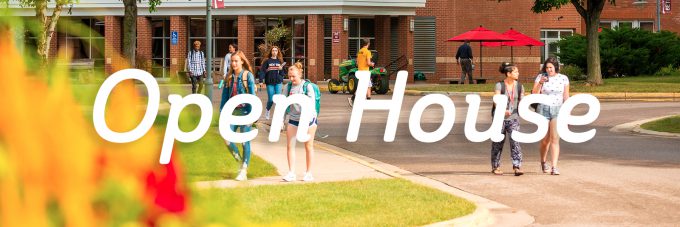 photo of students walking outside with the text "open house" on top