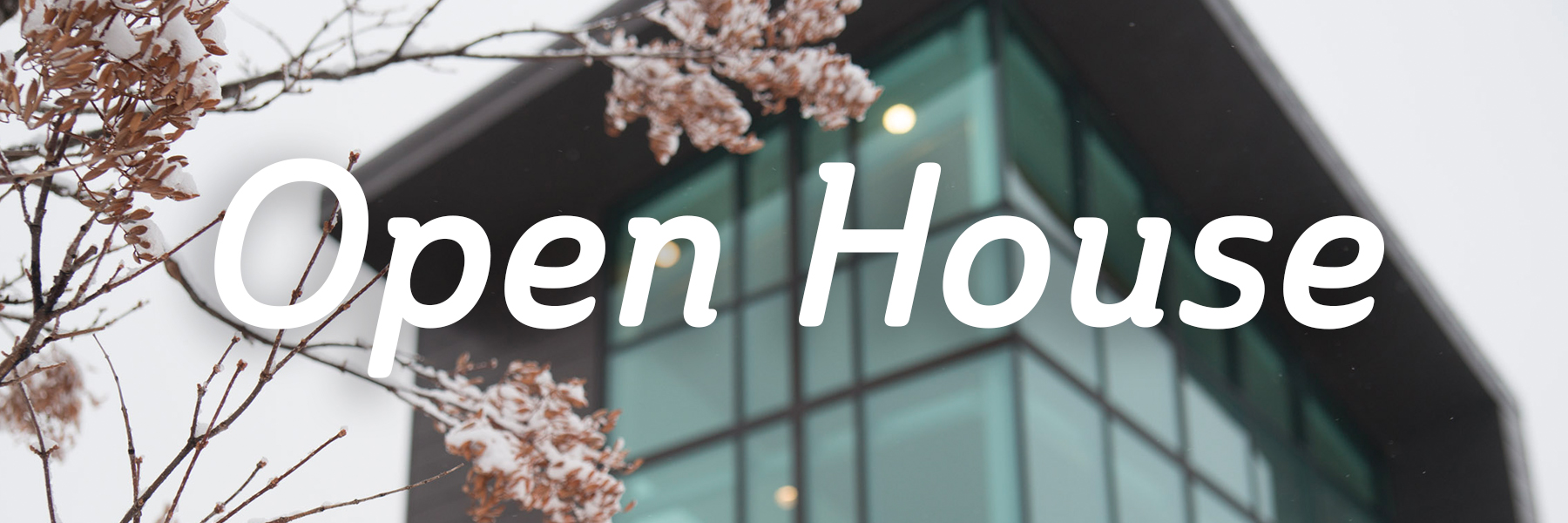 close up of the exterior of Honsey Hall in winter with the text "open house" on top