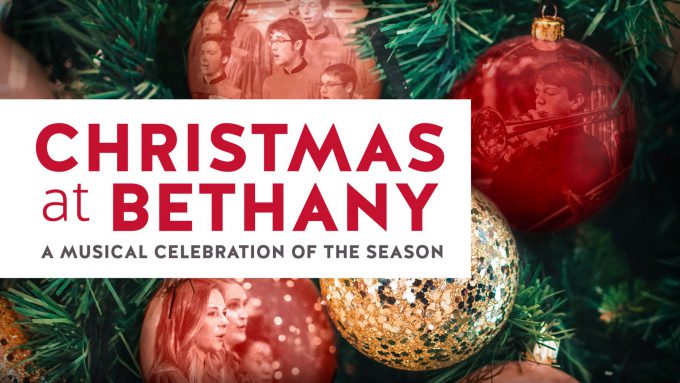 Christmas at Bethany graphic in front of tree with ornaments; band and choir photos are reflected in the ornaments