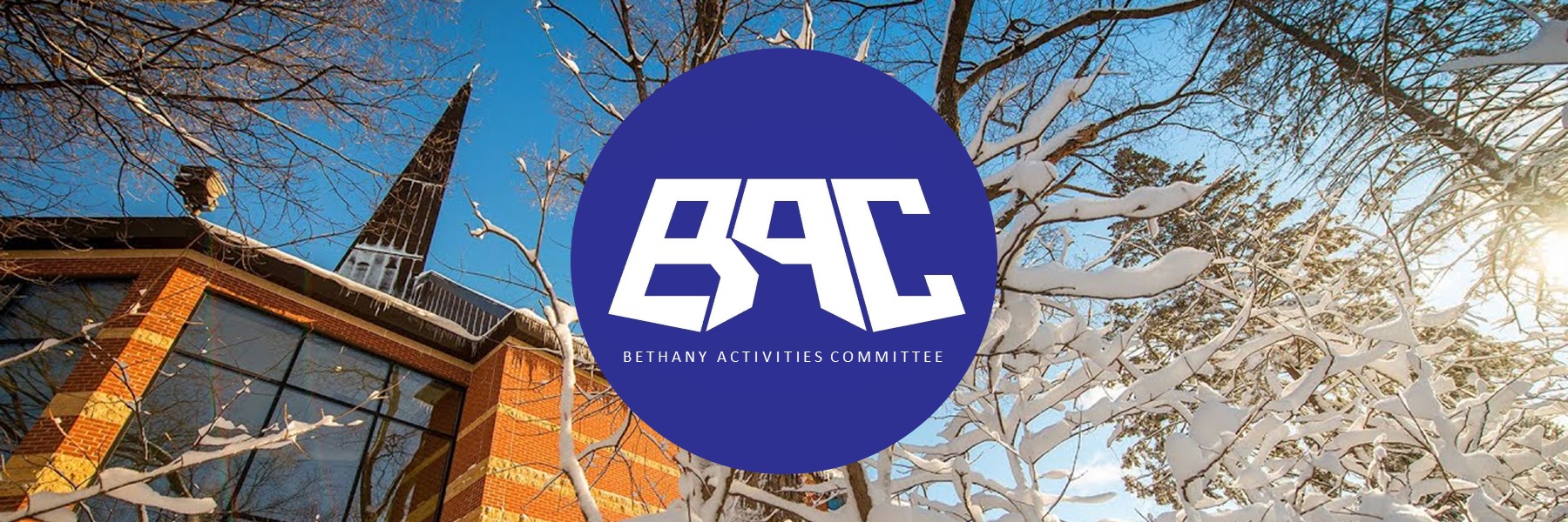 BAC logo over snowy trees and Trinity Chapel in background