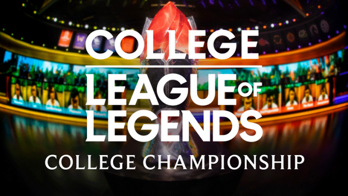 College League of Legends College Championship words in front of Championship trophy and video screens in background