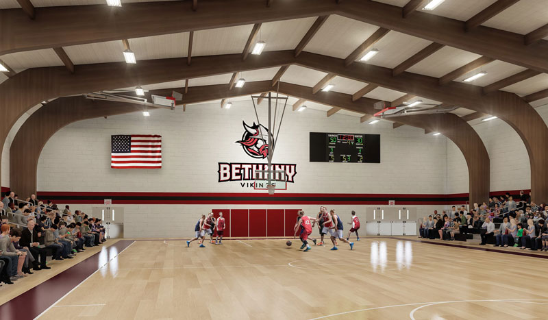 Rendering of Younge gym renovation: light wood floor; students playing basketball and crowd in the bleachers