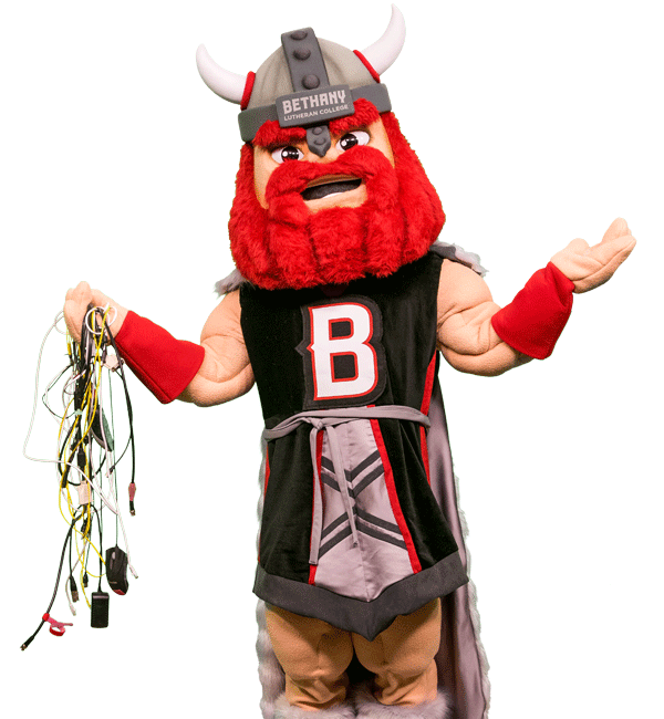 Halvar the Vikings mascot holding cables with arms raised