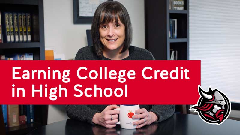 earning college credit in high school text on video image of female professor