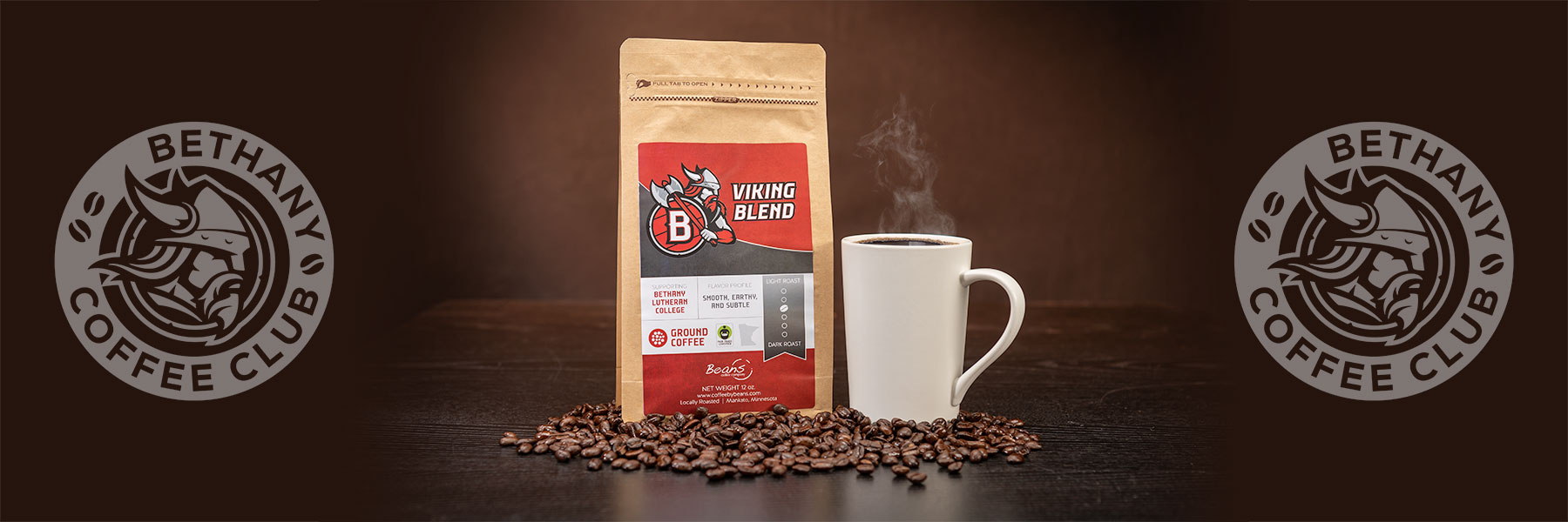 Coffee bag with mug surrounded by coffee beans - Bethany Coffee Club logo on left side and right side