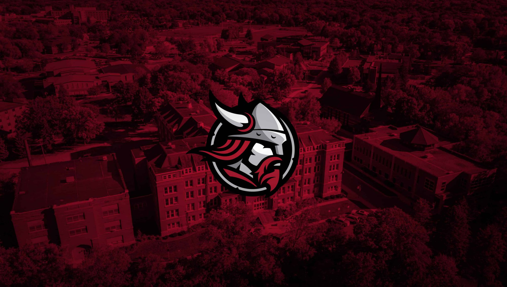 Desktop wallpaper photo of BLC campus with red overlay and viking logo