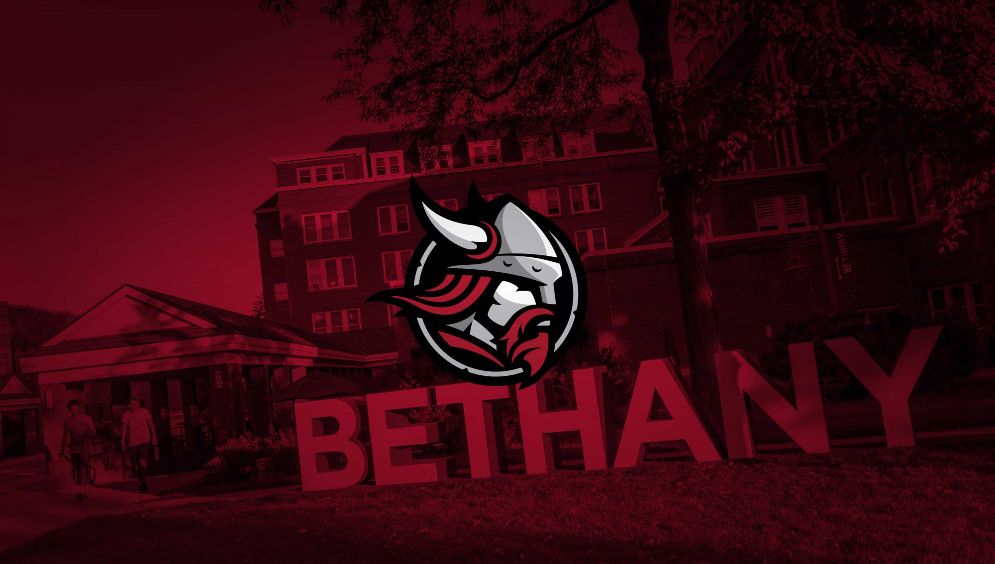 Desktop wallpaper photo of Old Main and Bethany Letters with red overlay and viking logo