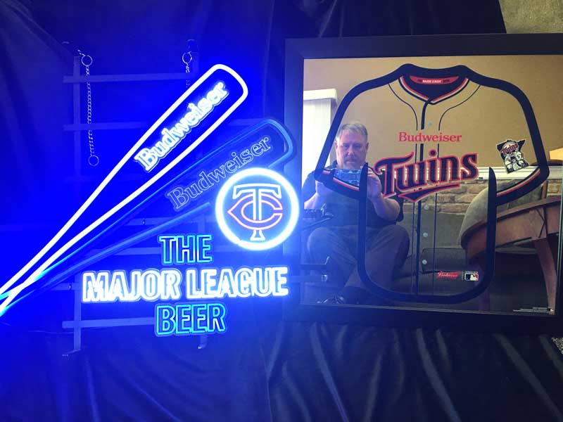 neon baseball sign and mirror