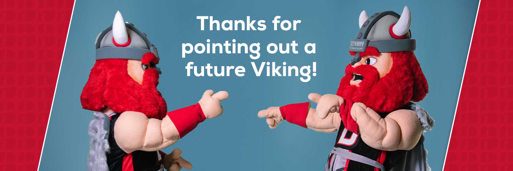 Viking mascots pointing at each other