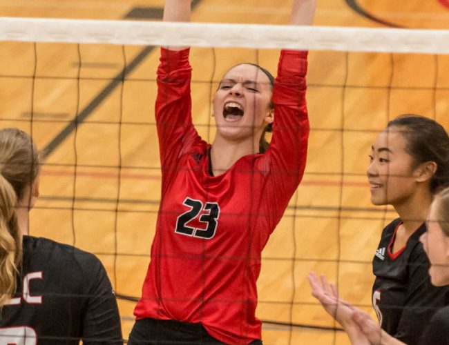 Volleyball players yelling after scoring a point